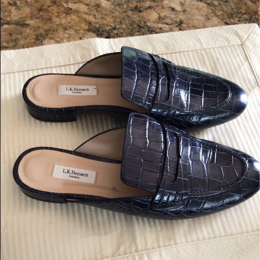 LK Bennett navy leather croc mules